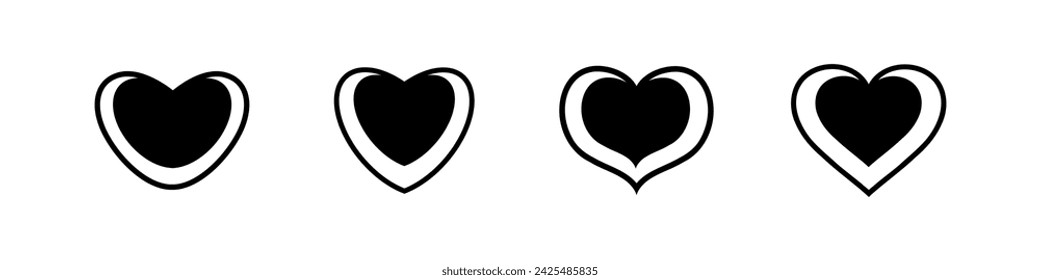 Conjunto de corazones de silueta negra con línea. Formas diferentes. Contorno de la colección de elementos de diseño gráfico.  Concepto de medicina, cuidado de la salud, boda, tarjeta de San Valentín, como símbolo.