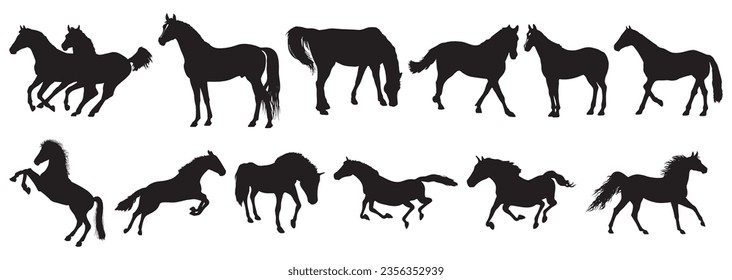 Set of Black silhouette of horse, Beautiful horses vector design, rearing up horse, Horses silhouette vector illustration, horse vector