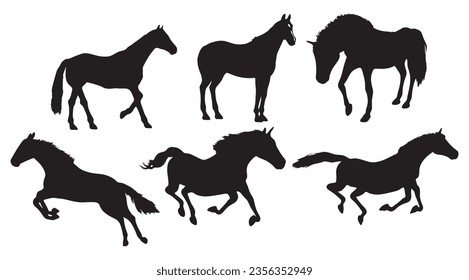 Set of Black silhouette of horse, Beautiful horses vector design, rearing up horse, Horses silhouette vector illustration, horse vector