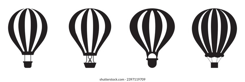 Set of Black Silhouette Hot Air Balloon Icons. Vector Illustration