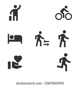 set of black silhouette icon which show regular activity