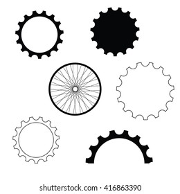 Set of black silhouette icons of bicycle spare parts. Icons, info graphic elements. Vector illustration of wheel, gears