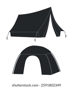 Set of black silhouette icons of camping tents on white background. Concept for camping.