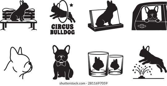 Set of black silhouette icons of cute French bulldog dogs in various daily life activities