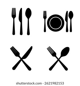 Set of black silhouette icons of cutlery and dining utensils. Includes fork, knife, spoon, plate, and crossed utensil combinations. Ideal for restaurant, menu, or food-related design."