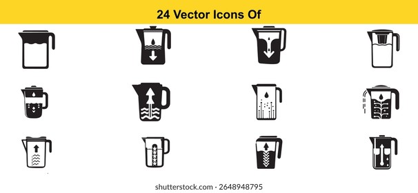 A set of black silhouette icons depicting water filter pitchers. These icons illustrate various stages and processes of water filtration, presented clearly on a white background.
