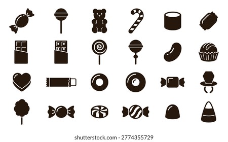 A set of black silhouette icons featuring different types of candies and sweets, including lollipops, gummy bears, and chocolates, arranged on a clean white background