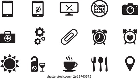 Set of black silhouette icons including smartphone, alarm clock, sun, coffee cup, cutlery, medical kit, gears, and location pin