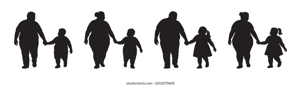 Set of black silhouette icons of overweight parents walking hand in hand with children isolated on white background. Concept of parenthood, family, child safety, adults walking together with kids.