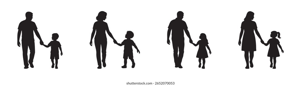 Set of black silhouette icons of parents walking hand in hand with children isolated on white background. Concept of parenthood, family care, child safety, adults walking together with kids.