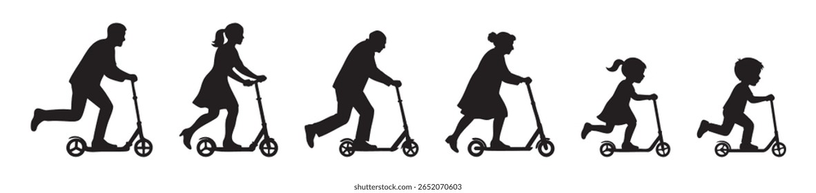 Conjunto de ícones de silhueta preta de pessoas de diferentes idades montando scooters chute isolado no fundo branco. Diversos homens, mulheres, menina, menino, atividade ao ar livre, estilo de vida saudável infância a diversão sênior