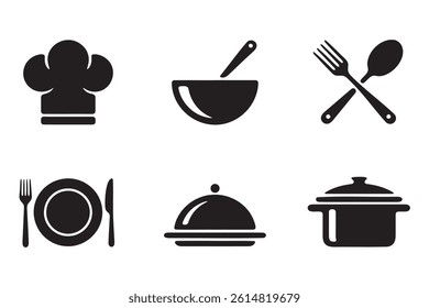A set of black silhouette icons representing restaurant essentials.