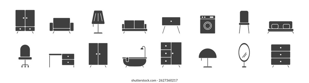 Set of black silhouette icons representing various household furniture and appliances including sofa, bed, wardrobe, lamp, and bathtub.
