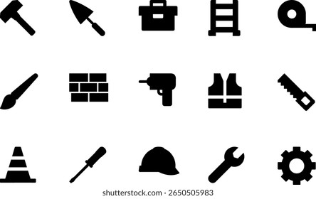 A set of black silhouette icons representing various construction and building tools