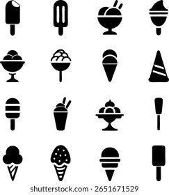 a set of black silhouette icons representing various ice cream desserts and treats, including cones, popsicles, sundaes, and cups on a white background. 160