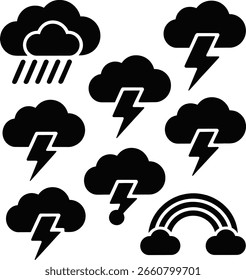 Um conjunto de ícones de silhueta preta representando diferentes condições climáticas, incluindo chuva, raios e um arco-íris com nuvens.