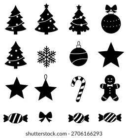 A set of black silhouette icons representing Christmas trees, ornaments, snowflakes, candy canes, gingerbread men, and candies.