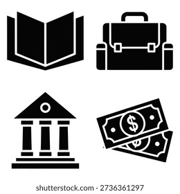 A set of black silhouette icons representing key business and finance concepts: a bank building, a briefcase, an open book, and dollar bills.