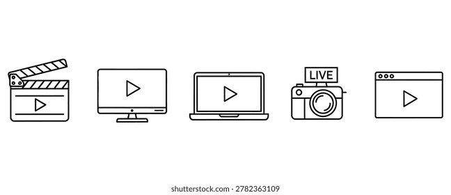 A set of black silhouette icons representing video production and live streaming on various devices