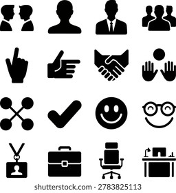 Set of black silhouette icons representing business communication and office activities with hand gestures and objects