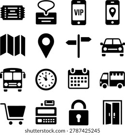 Set of black silhouette icons representing transportation travel and service symbols with modern design style