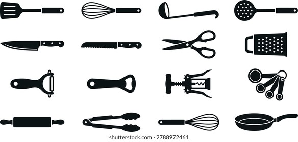 A set of black silhouette icons representing various kitchen tools including a spatula whisk ladle knife scissors grater peeler bottle opener corkscrew and frying pan