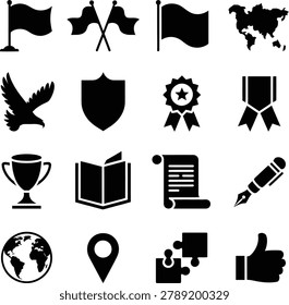 Set of black silhouette icons representing achievement awards education travel and global symbols with flags