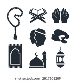 A set of black silhouette icons representing various elements of Islamic faith and culture, including prayer beads, the Quran, praying hands, worshippers, a prayer mat, a mosque, and a traditional lantern.