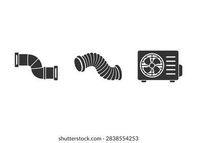 A set of black silhouette icons representing HVAC components including an outdoor air conditioner unit and various flexible ventilation duct pipes for climate control systems.