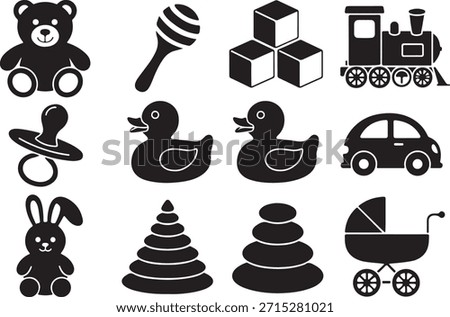 Set of black silhouette icons representing various childrens toys including a teddy bear, rattle, blocks, train, pacifier, rubber ducks, car, bunny, stacking rings, and baby carriage
