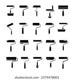 A set of black silhouette icons showcasing various types of paint rollers.