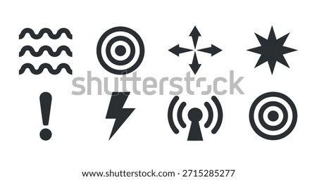 A set of black silhouette icons showcasing waves, targets, lightning bolts, and other distinct symbols.