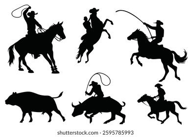 A set of black silhouette illustrations depicting cowboys engaging in various rodeo activities