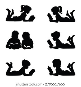 A set of black silhouette illustrations depicting children reading books in different positions, including lying down and sitting, showcasing various reading styles and postures.