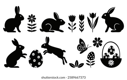 Set of black silhouette illustrations featuring rabbits, flowers, Easter eggs, and a butterfly, perfect for spring and holiday-themed designs.