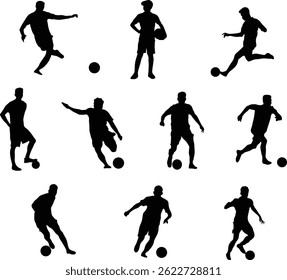 A set of black silhouette illustrations featuring soccer players in action poses, for sports designs, team branding, tournament posters, and athletic themed projects