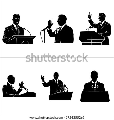 Set of black silhouette illustrations showing a speaker at podium with microphone in various public speaking and leadership gestures on white background