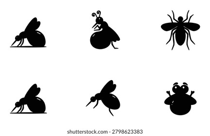 Set of black silhouette illustrations of various insects on white background