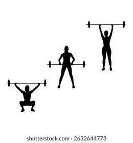 A set of black silhouette illustrations of women doing squats. Ideal for fitness-themed designs, gym posters, activewear prints, and health content. Strong, clean, and motivating.