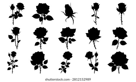 A set of black silhouette images featuring various roses and floral designs, ideal for artistic and decorative purposes.