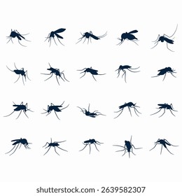 Set of black silhouette images of mosquitoes in different positions against a white background.  These simple line drawings show various angles and orientations of the mosquito body.