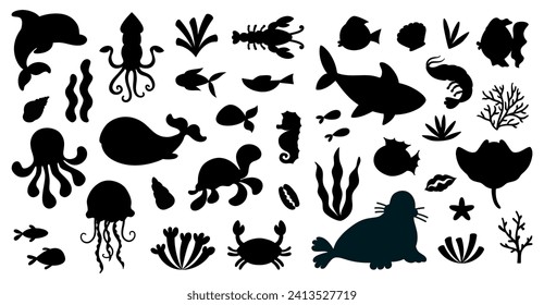 Conjunto de siluetas negras aisladas animales marinos al estilo de las caricaturas. Vida marina, elementos de diseño oceánico para imprimir, afiche, tarjeta.