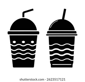 Set of black silhouette juice or smoothie cups with lids and straws. Ideal for beverage, cafe, and refreshment themes. EPS vector icons.