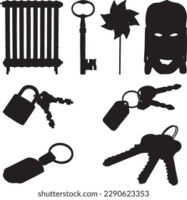 A set of black silhouette keys with a lock on them