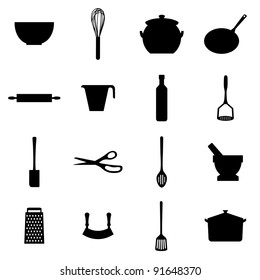 set of black silhouette kitchen utensils isolated on white