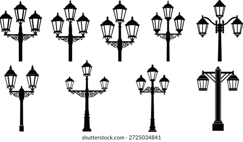 A set of black silhouette lamp posts with multiple light fixtures and designs.