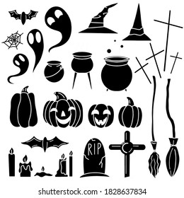 Set of black silhouette llustrations for the holiday Halloween. Witch hats, brooms, cauldrons, tombstones, pumpkins, bats, and ghosts. Vector object for postcards, banners, icons and your design