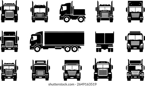 Set of Black Silhouette Lorry and Truck Icons, Heavy Duty Vehicle Silhouettes for Logistics and Delivery Concepts, Commercial Transportation Vector Graphics: Lorry and Truck Designs.