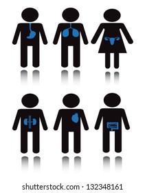 Set black silhouette of a man with a blue internal organs