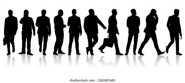 Set Black silhouette man standing, people on white background